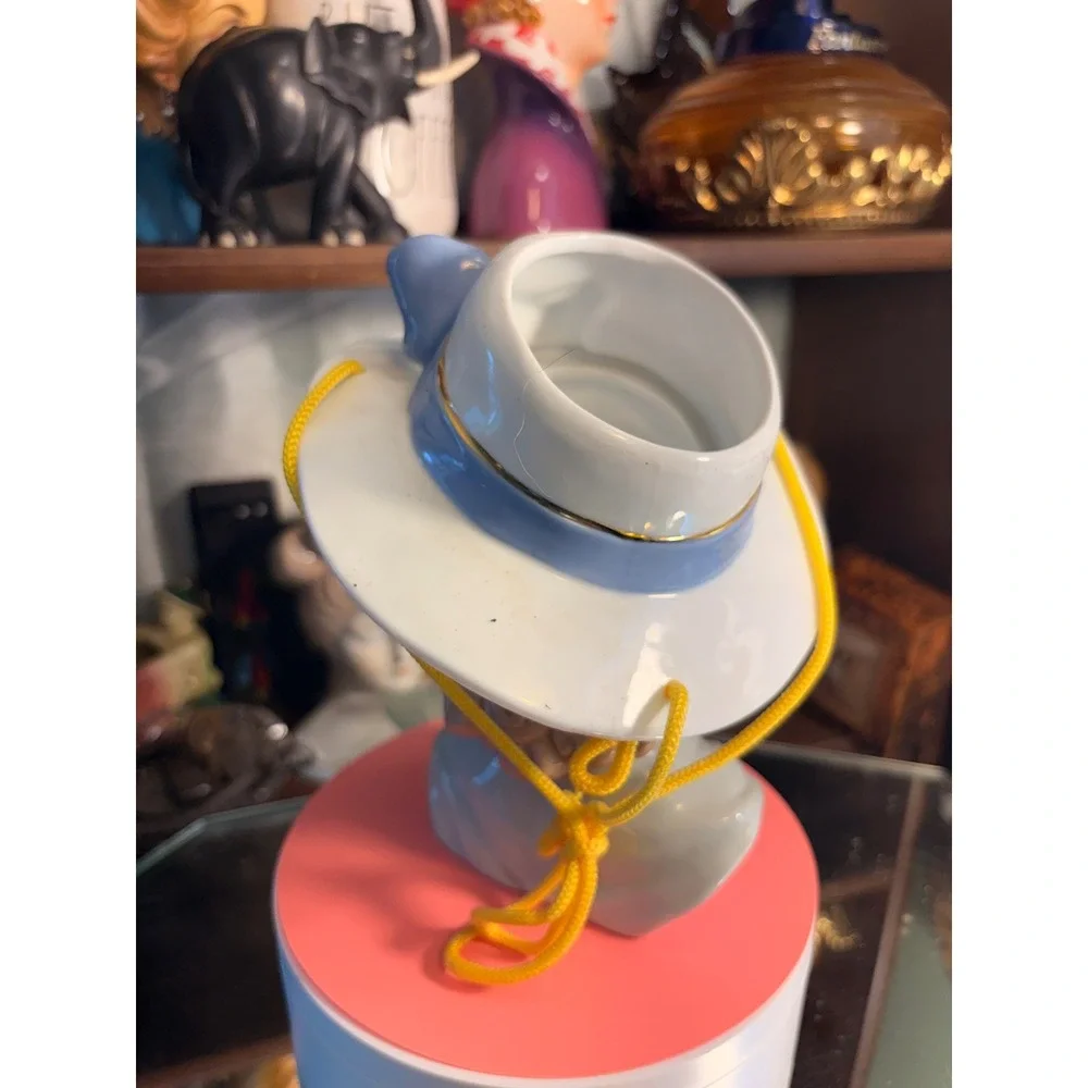 Vintage Ceramic Lady Head Vase Blue Hat Gold Trim Mid Century Style Figurine